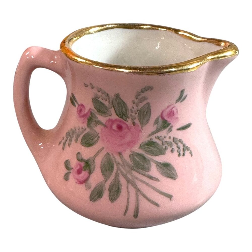 Vintage Paulette Bristol Pink Floral Mini Creamer Pitcher With Gold Rim Flowers
